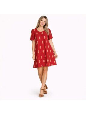 New 2/$30 Mata Traders Small Cherry Red Ikat A-Line Dress 100% Cotton